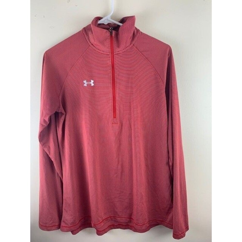 Under Armour Size M Womens Top Long Sleeve Loose Heat Gear 3/4 Zip Red Stripe